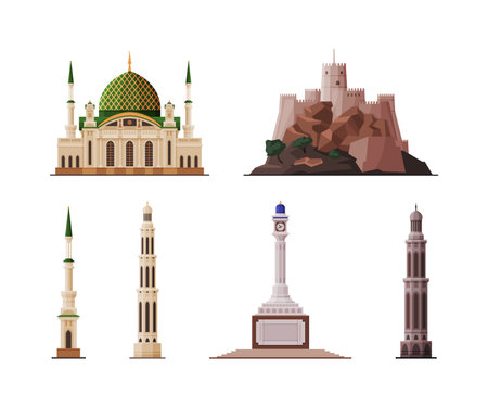 Oman Muscat City Historical Building and Landmarks with Authentic Heritage Vector Setのイラスト素材