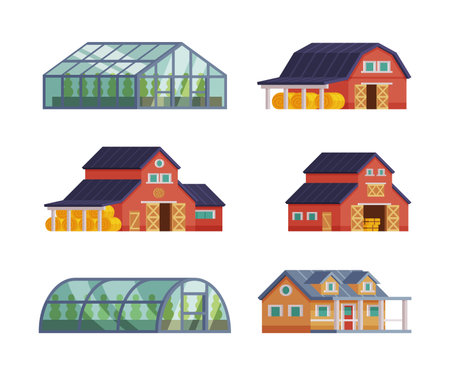 Farm Object with Timbered Red Barn and Greenhouse Vector Setのイラスト素材