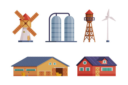 Farm Object with Timbered Red Barn, Windmill and Water Tower Vector Setのイラスト素材