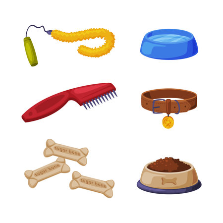 Pet Shop Accessory with Toy, Comb, Bone, Feed Bowl and Collar Vector Setのイラスト素材