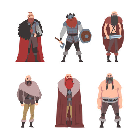 Viking Man Brutal Characters as Warriors with Weapon Vector Setのイラスト素材