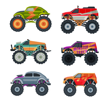 Monster Truck with Four-wheel Steering and Oversized Tires for Competition and Entertainment Vector Setのイラスト素材