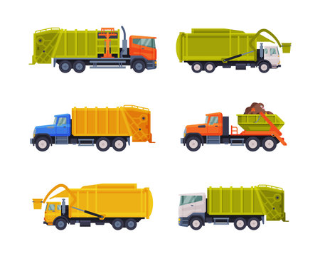 Garbage Truck for Transporting Solid Waste to Recycling Center Vector Setのイラスト素材