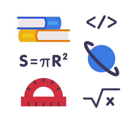 School Education Object with Book, Formula, Code Sign and Planet Vector Setのイラスト素材