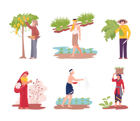 Asian Male and Female Farmer Cultivating Agricultural Crop Vector Illustration Setのイラスト素材