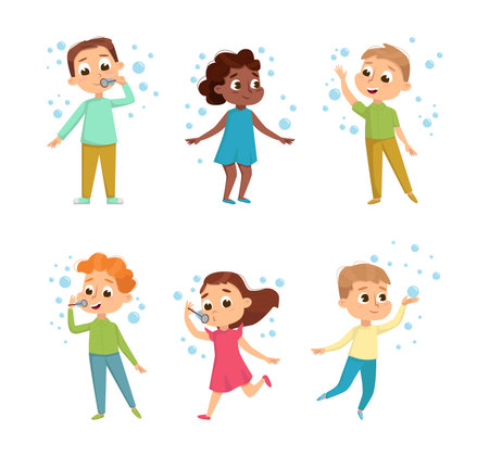 Funny Boy and Girl Playing with Soap Bubbles Vector Setのイラスト素材