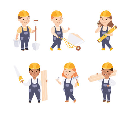 Smiling Girl and Boy Builder in Hard Hat and Overall Vector Setのイラスト素材