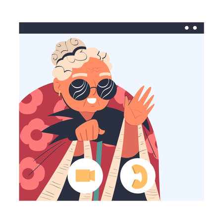 Active senior lady blogger waving her hand while recording new content for social media. Elderly people video communication vector illustrationのイラスト素材