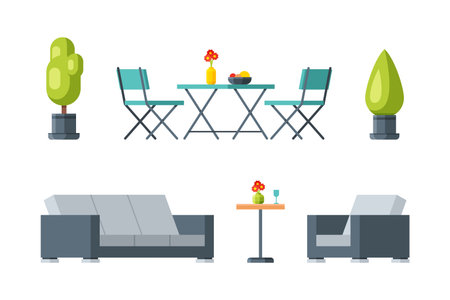Backyard or Patio Furniture for Relax with Sofa, Armchair, Plant in Pot, Table and Chairs Vector Setのイラスト素材