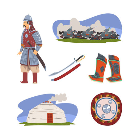 Mongol Nomad Character in Traditional Clothing with Yurt Dwelling, Boots and Shield Vector Setのイラスト素材