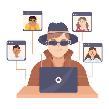 Espionage with Man Private Detective in Hat and Coat at Laptop Listening to Calls Vector Illustrationのイラスト素材