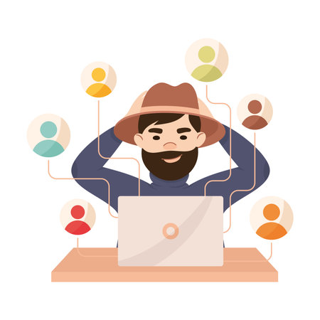 Espionage with Man Private Detective Working at Laptop Tracing Criminal Vector Illustrationのイラスト素材