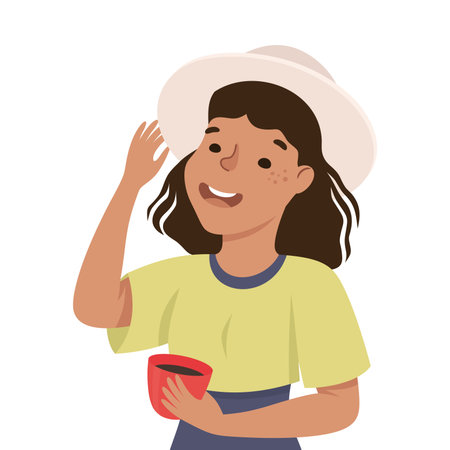 Young Female in Hat with Cup of Coffee Talking Engaged in Conversation with Someone Vector Illustrationのイラスト素材