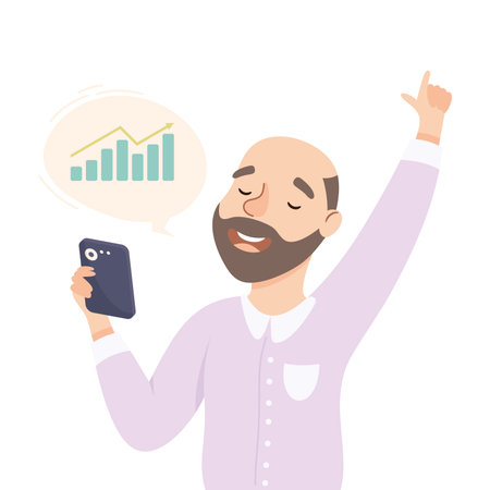 Young Bearded Man Office Employee with Smartphone Observing Growing Graph Vector Illustrationのイラスト素材