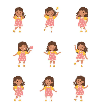 Cute little girl expressing different emotions set. Brunette girl dressed yellow t-shirt and pink sundress showing various face expression and gesturing cartoon vector illustrationのイラスト素材