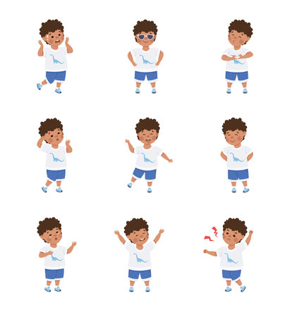 Cute little boy expressing different emotions set. Dark haired curly boy dressed casual clothes showing various face expression cartoon vector illustrationのイラスト素材