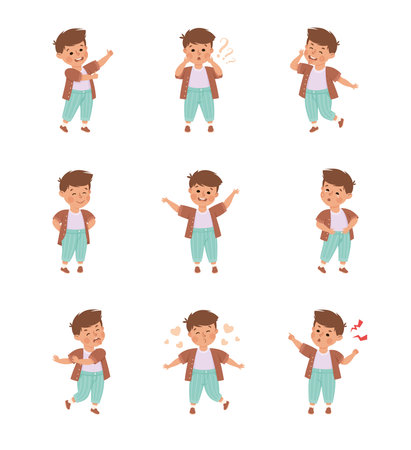Little boy showing different emotions set. Cute boy dressed casual clothes showing various face expression and gesturing cartoon vector illustrationのイラスト素材