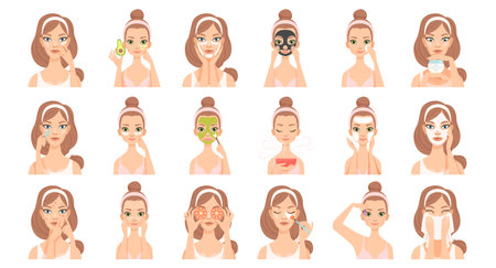 Girl apply different facial masks set. Young woman caring and protecting her face cartoon vector illustrationのイラスト素材