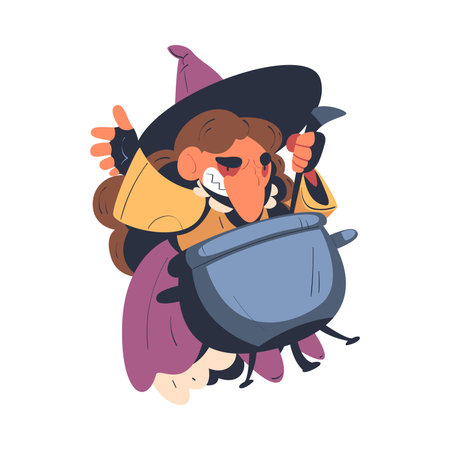 Ugly Witch Boiling Poison in Cauldron as Fairytale Character Vector Illustrationのイラスト素材