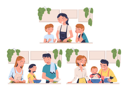 Family in the Kitchen Cooking and Meal Preparing Vector Setのイラスト素材