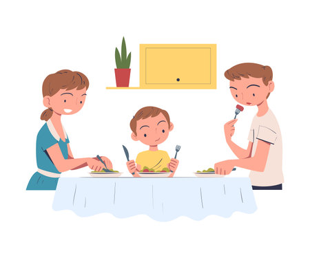 Family in the Kitchen Sitting at Table and Eating Tasty Dinner Vector Illustrationのイラスト素材
