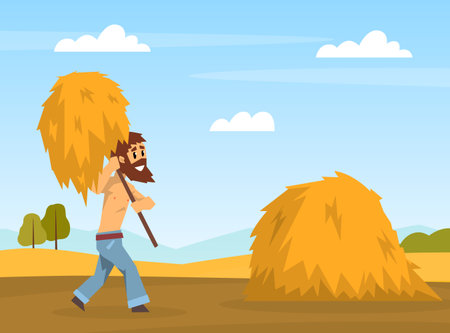 Man farmer gathering hay in stack Vector with pitchfork cartoon vectorのイラスト素材