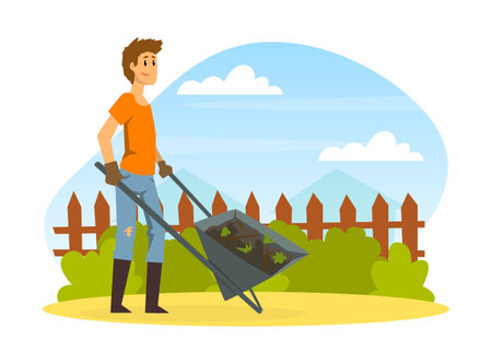 Man farmer pushing wheelbarrow with soil cartoon vectorのイラスト素材