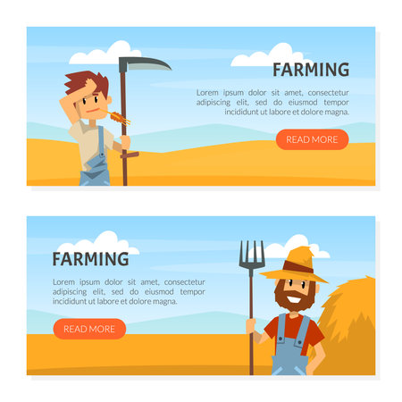 Farming landing page templates set. Male farmers with working tools. Farm industry, gardening web page cartoon vectorのイラスト素材