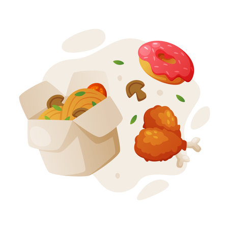 Fast Food Lunch with Cooked Chinese Noodles, Fried Chicken Leg and Donut Vector Compositionのイラスト素材