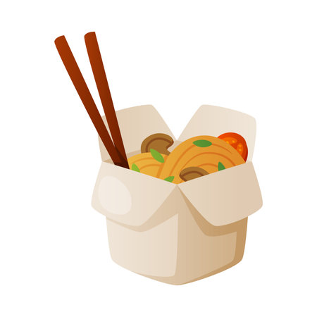 Chinese Wok Noodles in Carton with Chopsticks as Fast Food Lunch Vector Illustrationのイラスト素材