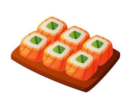 Sushi Roll with Salmon, Rice and Nori on Wooden Board as Fast Food Lunch Vector Illustrationのイラスト素材