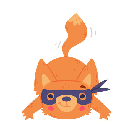 Cute Fennec Fox with Red Coat and Large Ears Wearing Mask Wiggling Tail Vector Illustrationのイラスト素材