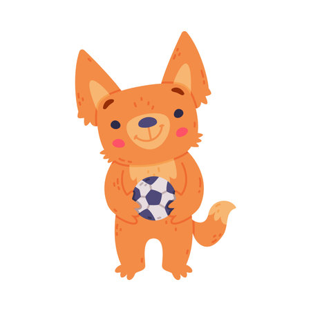 Cute Fennec Fox with Red Coat and Large Ears Standing with Ball Vector Illustrationのイラスト素材
