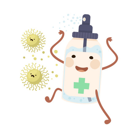Antibacterial Spray Bottle Fighting Virus and Bacteria Engaged in Immune Protection Vector Illustrationのイラスト素材