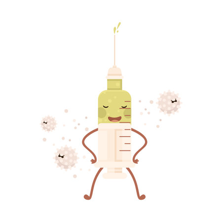Cute syringe character mascot medical tool. Vaccination and immunisation against disease spread cartoon vector illustrationのイラスト素材