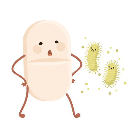 Cute funny round medical pill mascot character fighting against bacteria or virus cartoon vector illustratioのイラスト素材