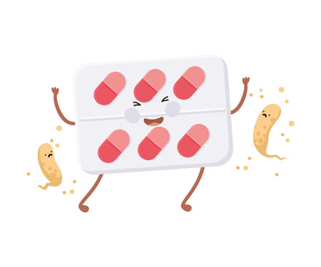 Funny medical pill blister packaging character fighting against bacterias or viruses cartoon vector illustrationのイラスト素材