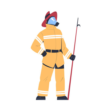 Professional firefighter standing with scrap. Fireman character in uniform, mask and hat with rescue equipment. Rescue emergency service in action cartoon vector illustrationのイラスト素材