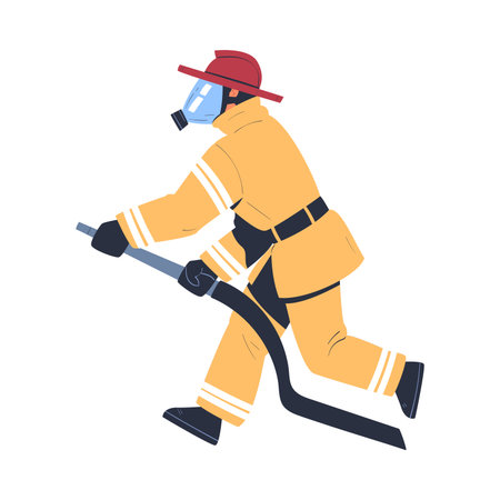 Professional firefighter running with hose. Fireman character in uniform, mask and hat with rescue equipment. Rescue emergency service in action cartoon vector illustrationのイラスト素材