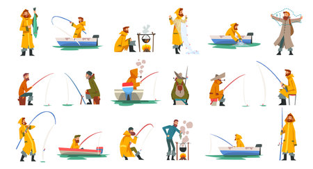 Fisherman with Boat in Coat Capturing and Angling with Fishing Rod Vector Setのイラスト素材