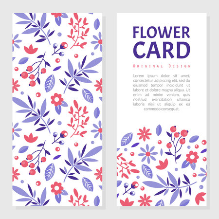 Flower card with space for text. Wild flowers and leaves seamless pattern on white background, front and back side templates design vector illustrationのイラスト素材