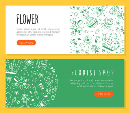 Florist shop web banners set. Flower studio, landscape designer, wedding florist landing page template vector illustrationのイラスト素材