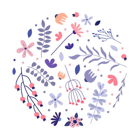 Delicate wildflowers in round shape. Banner, poster, card with meadow flowers cartoon vectorのイラスト素材