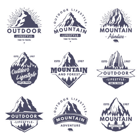 Black Forest and Mountain Logo for Outdoor Adventure and Hiking Tourism Vector Setのイラスト素材