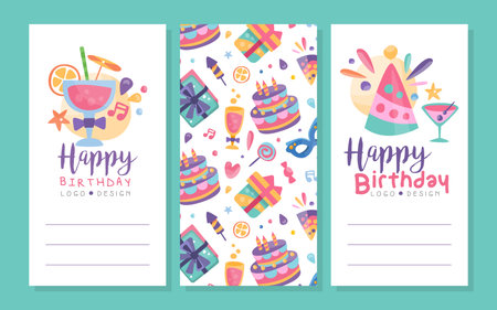 Happy Birthday Vertical Invitation Card with Cake, Gift Box and Cocktail Vector Templateのイラスト素材