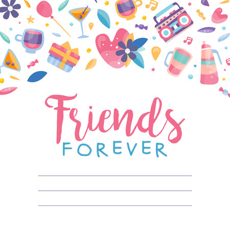Friends Forever and Friendship Ruled Card with Bright Elements Vector Templateのイラスト素材