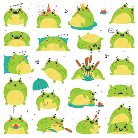 Cute Green Frog or Toad Character Engaged in Different Activity Vector Setのイラスト素材
