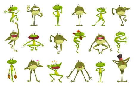 Green Funny Frogs Character in Various Pose and Face Expression Vector Setのイラスト素材