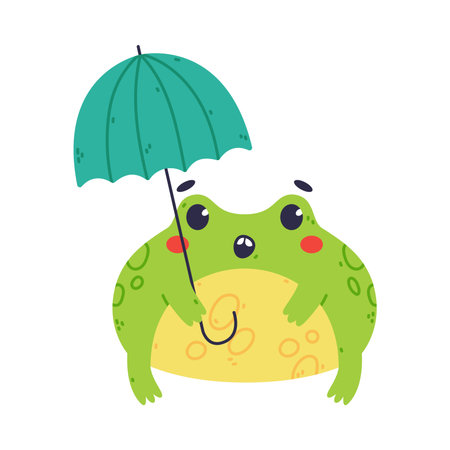 Cute Fat Green Frog or Toad Character with Umbrella Vector Illustrationのイラスト素材