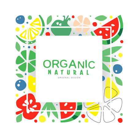 Square frame made of organic natural fruits. Tropical summer fruit banner, poster, card template design vector illustrationのイラスト素材